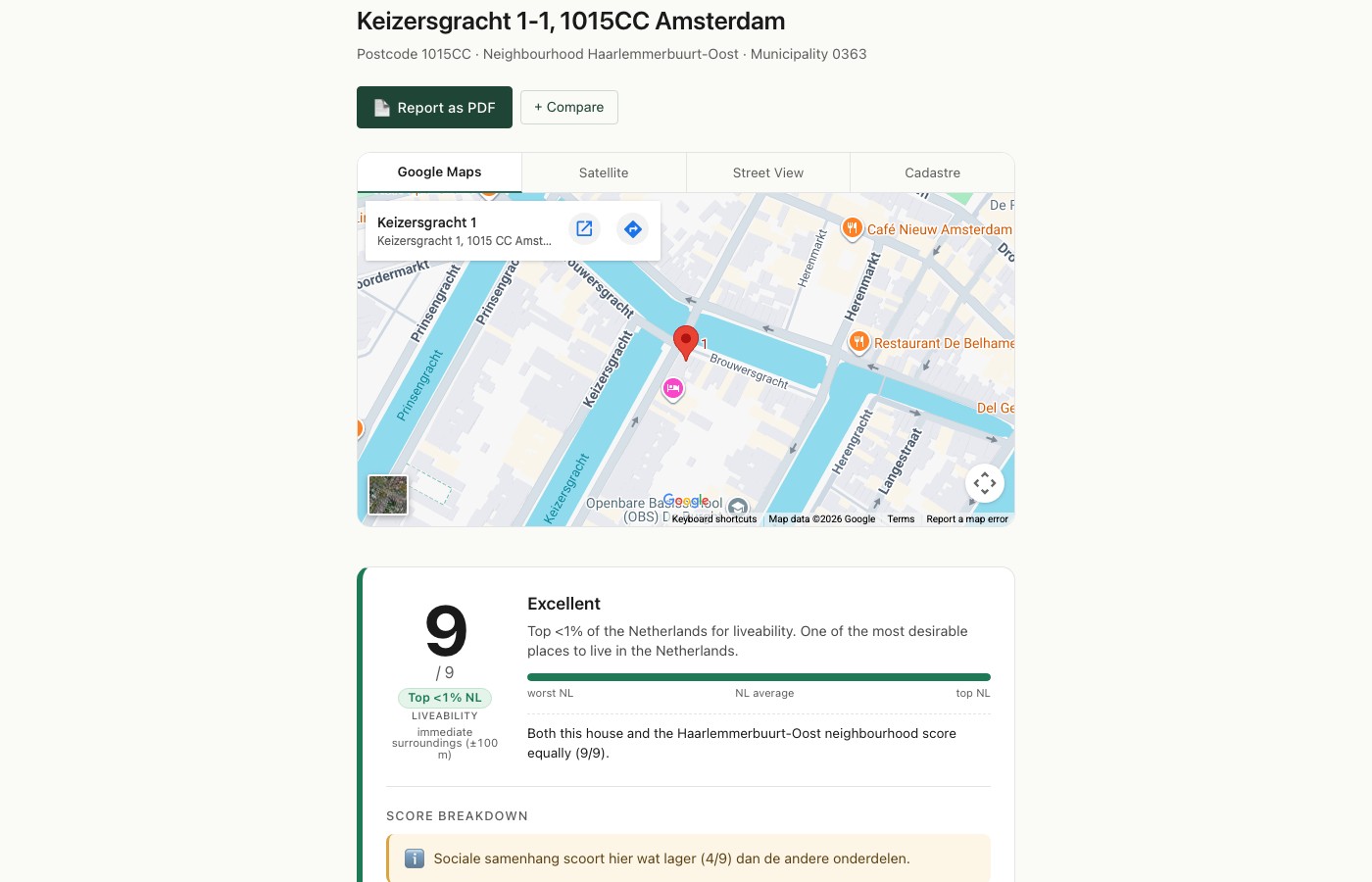 Buurtscan.com — volledig buurtrapport met kaart, leefbaarheidsscore 9/9, WOZ-waarde en meer voor Keizersgracht 1-1 Amsterdam