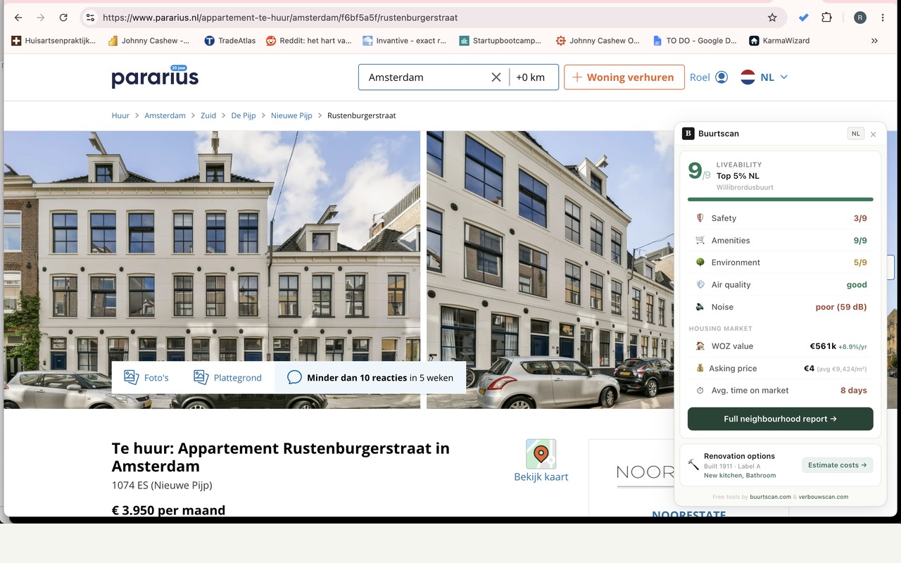Buurtscan extensie op Pararius.nl — Rustenburgerstraat Amsterdam, score 9/9 Top 5% NL, WOZ €561k